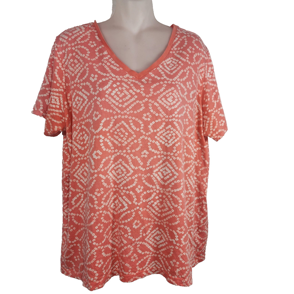 Lands End Womens Relaxed Fit Knit Top L Tall Geometric V Neck T Shirt Cotton